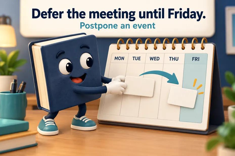 Book mascot moves a meeting card on a calendar.