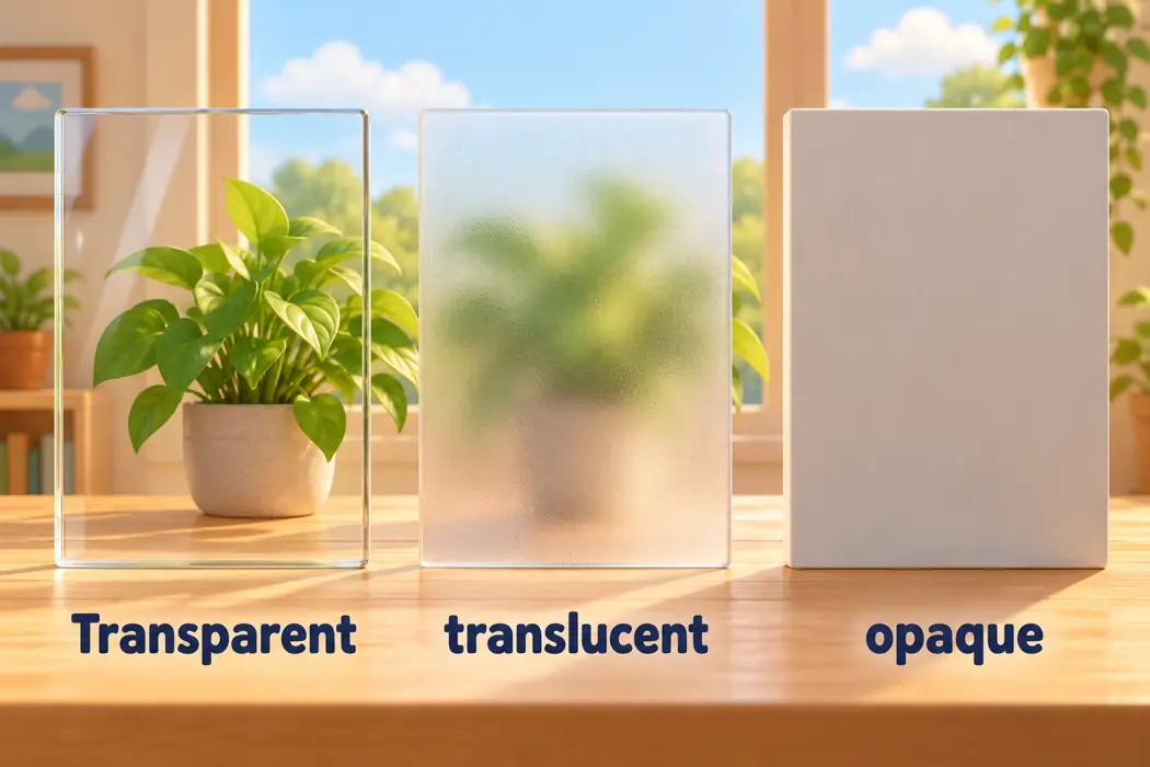 Transparent, translucent, opaque; glass samples illustrate precise descriptive adjectives.