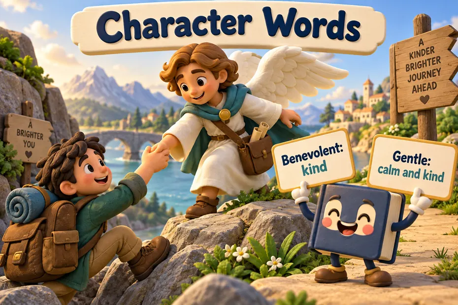 A kind winged storybook messenger helps a traveler, illustrating benevolent and gentle.