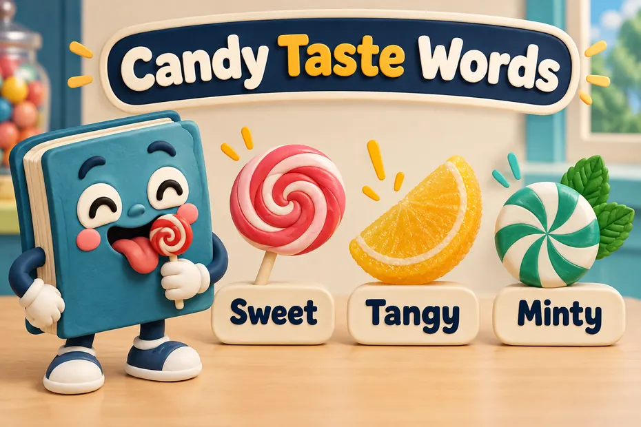 A book mascot shows sweet, tangy, and minty as candy flavor examples.