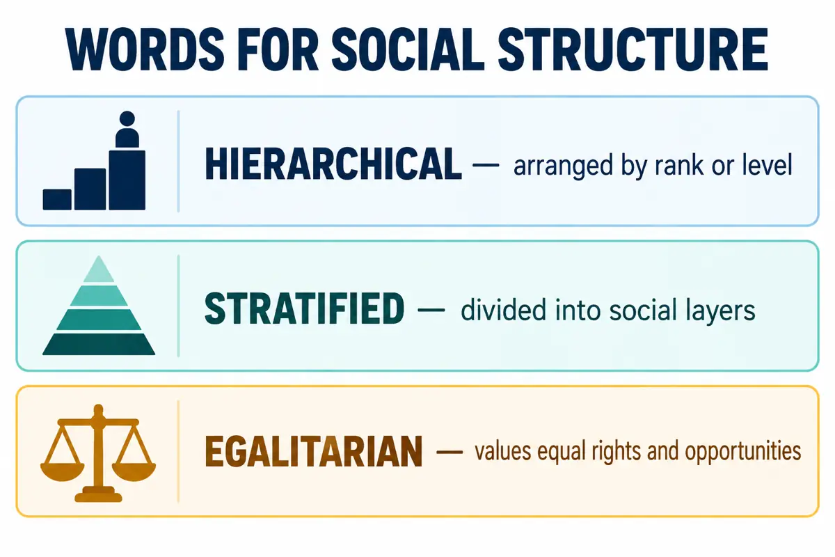 A comparison shows hierarchical for ranked levels, stratified for separate social layers, and egalitarian for equal rights and opportunities as an ideal.