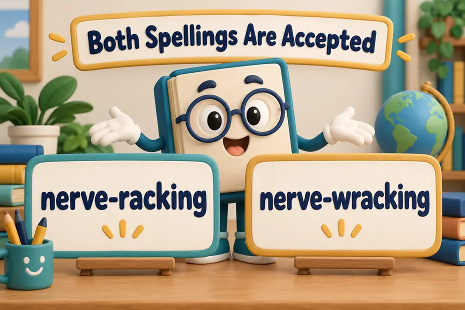 A book mascot shows nerve-racking and nerve-wracking as accepted spellings.