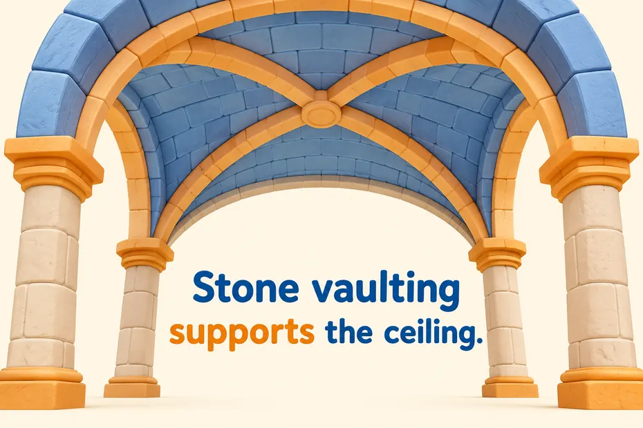 Stone vaulting forms an arched ceiling.