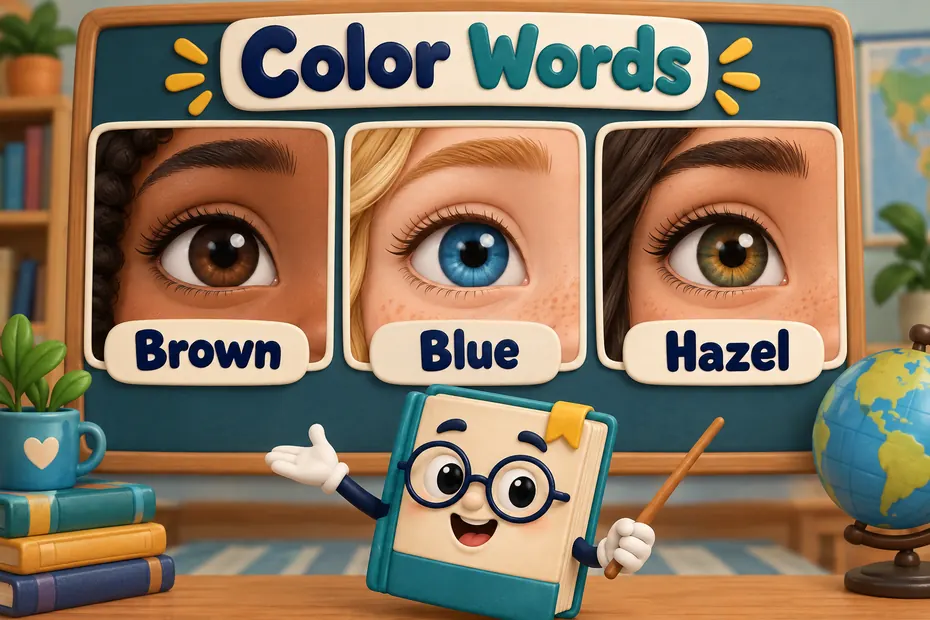 Three illustrated eye colors labeled Brown, Blue, and Hazel.