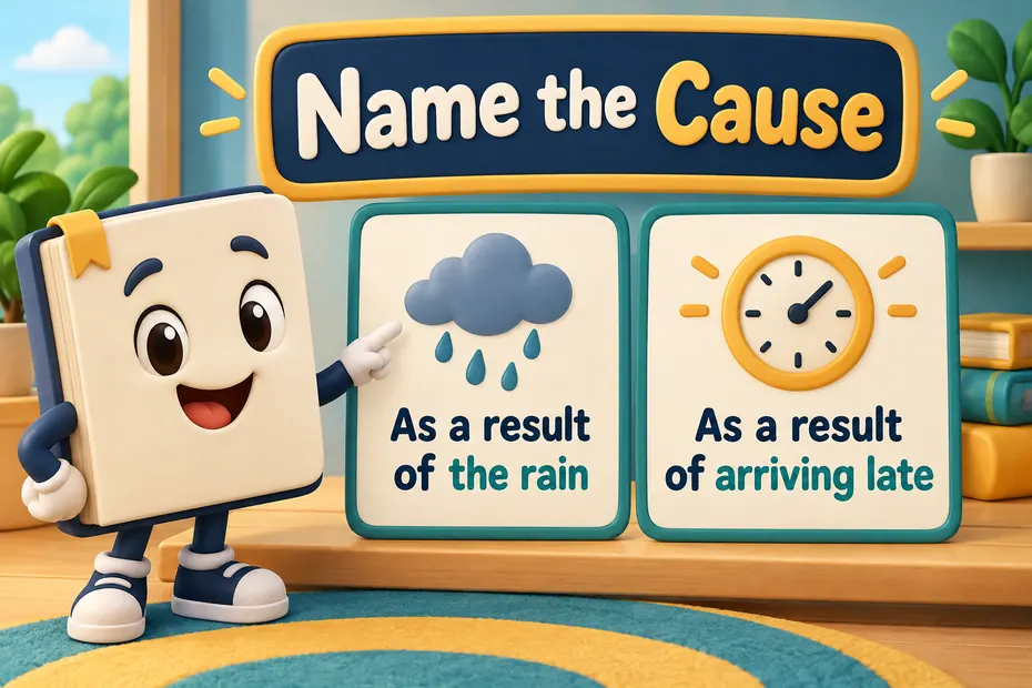 A book mascot shows As a result of the rain and As a result of arriving late.