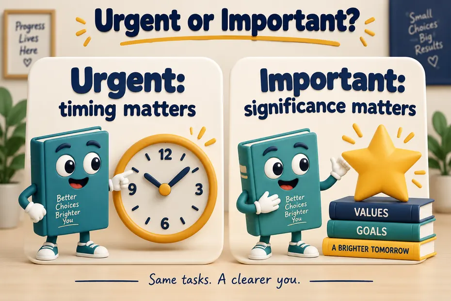 Two book mascots compare urgent timing with important significance.