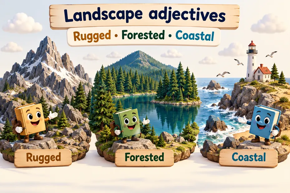 Three dioramas illustrate rugged mountains, forested lakeshore and coastal lighthouse.