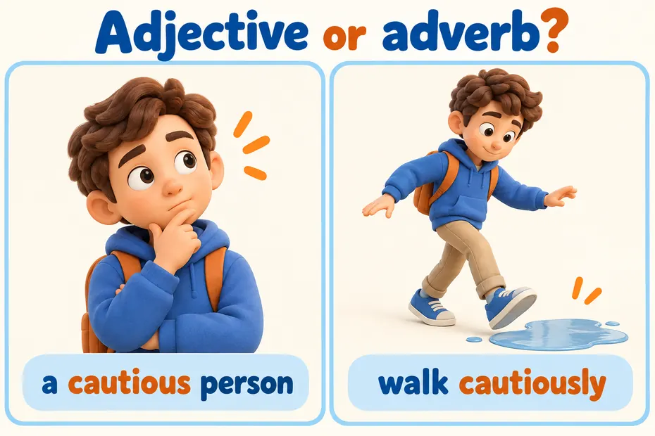 Cautious describes a person while cautiously describes walking