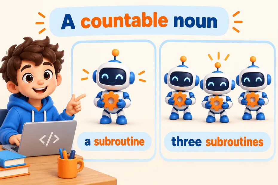 A subroutine and three subroutines show singular and plural nouns