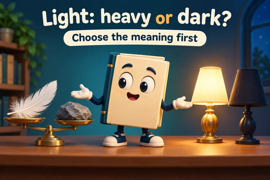 Book mascot compares weight and illumination senses of light.