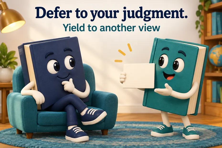 Book mascot listens to another book presenting an idea.