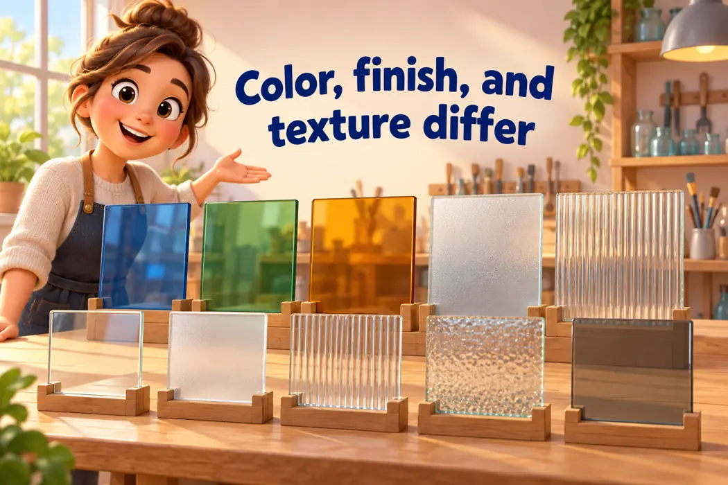 Color, finish, and texture differ; glass samples illustrate precise descriptive adjectives.
