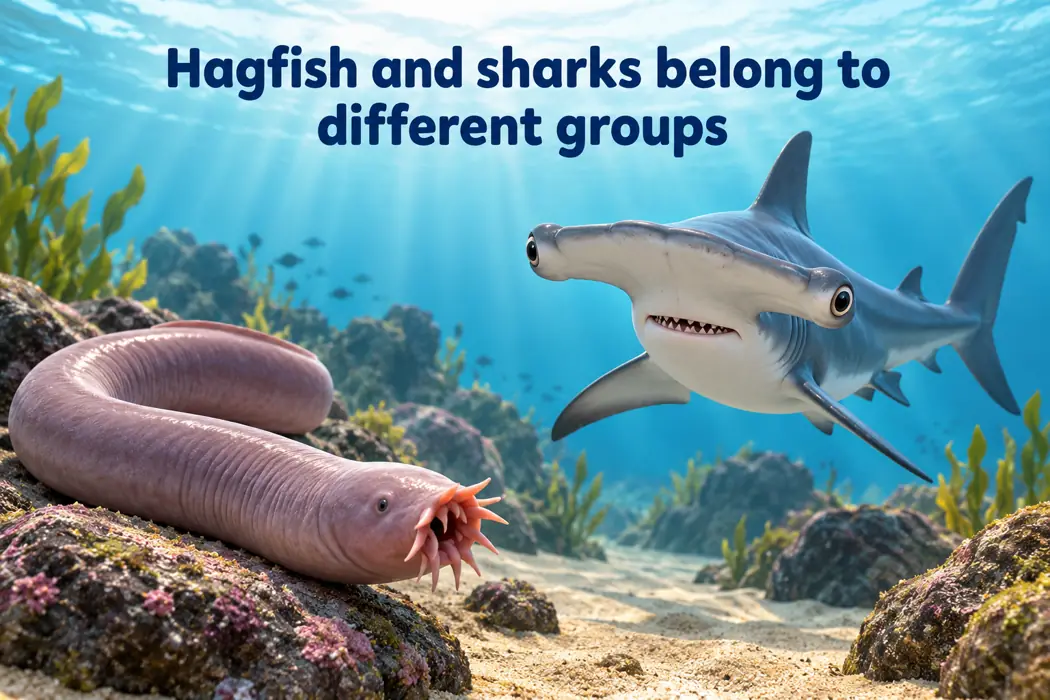 Hagfish and sharks belong to different groups; marine learning displays explain fish naming distinctions.