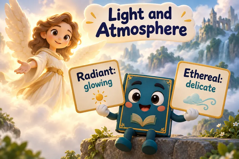 A glowing storybook angel and book mascot illustrate radiant and ethereal.