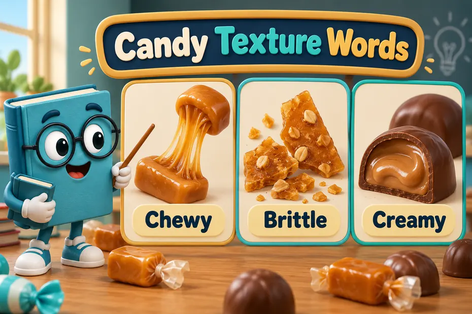 A book mascot contrasts chewy caramel, brittle pieces, and a creamy filling.