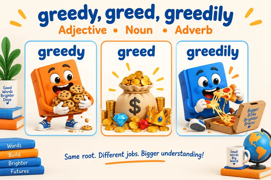 Greedy, greed and greedily are adjective, noun and adverb forms.