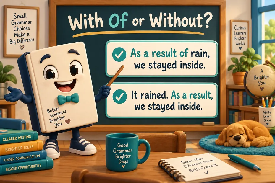 A mascot compares As a result of rain, we stayed inside with It rained. As a result, we stayed inside.