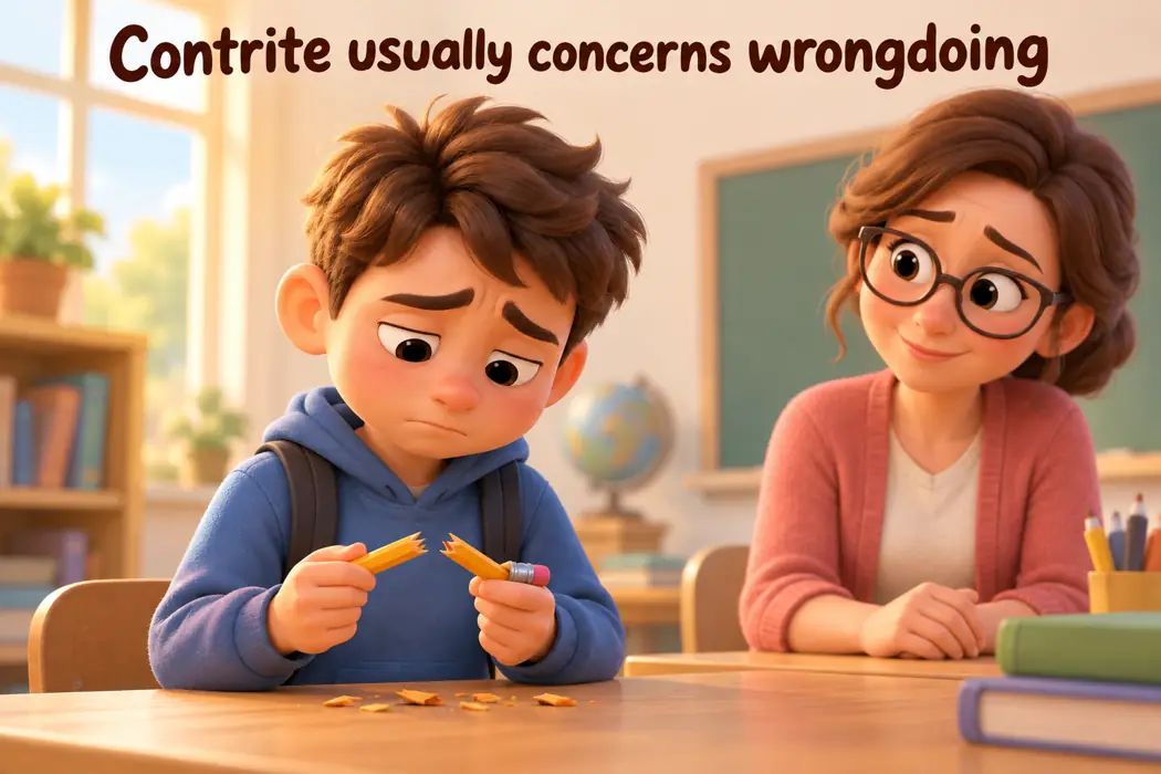 Contrite usually concerns wrongdoing