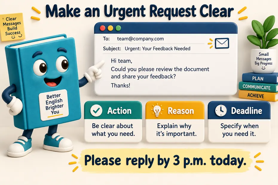 A book mascot shows action, reason, and deadline in an urgent request.