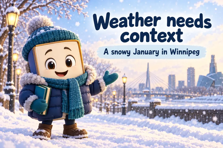 Book mascot in a snowy winter street in Winnipeg.