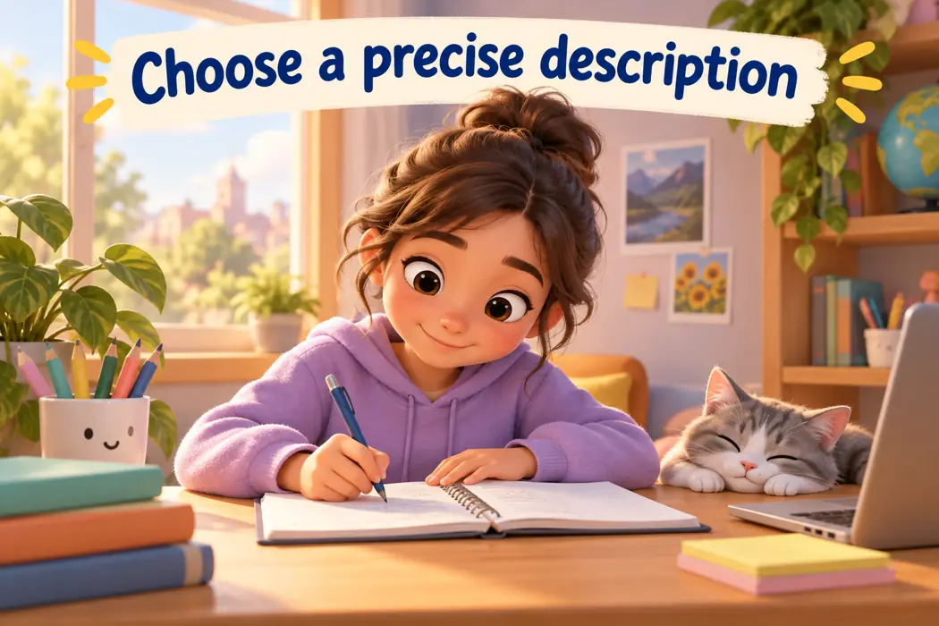 Choose a precise description in a playful teaching illustration