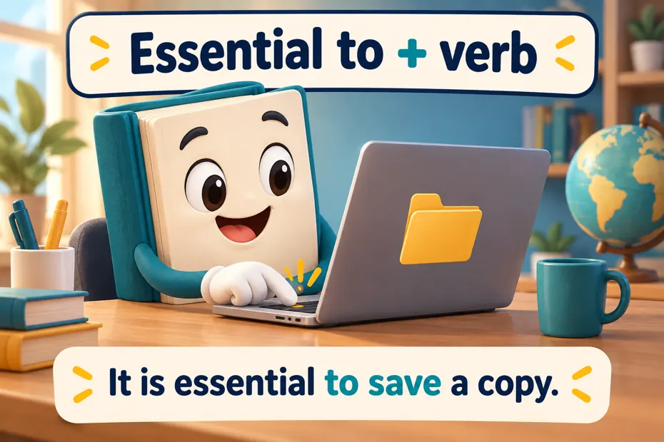 Book mascot saves a copy of a file on a laptop.