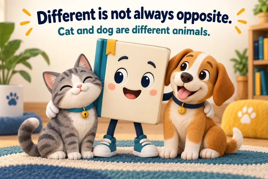 Book mascot beside a cat and a dog.