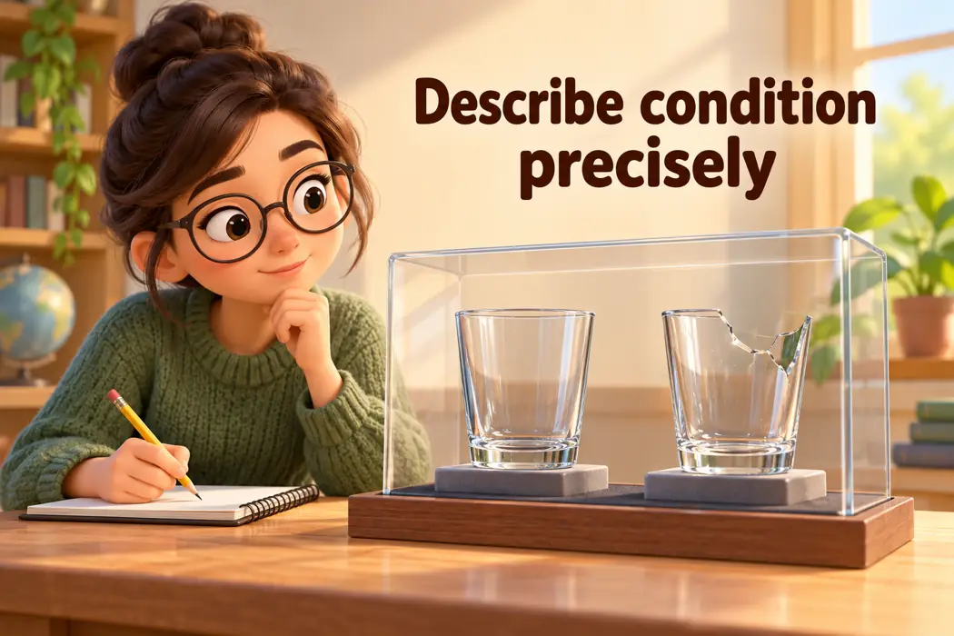 Describe condition precisely; glass samples illustrate precise descriptive adjectives.