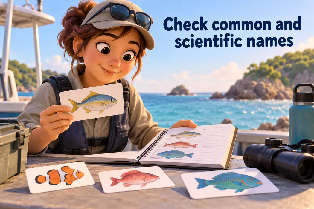 Check common and scientific names; marine learning displays explain fish naming distinctions.