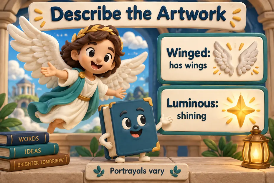 A book mascot labels winged as having wings and luminous as shining, noting that portrayals vary.
