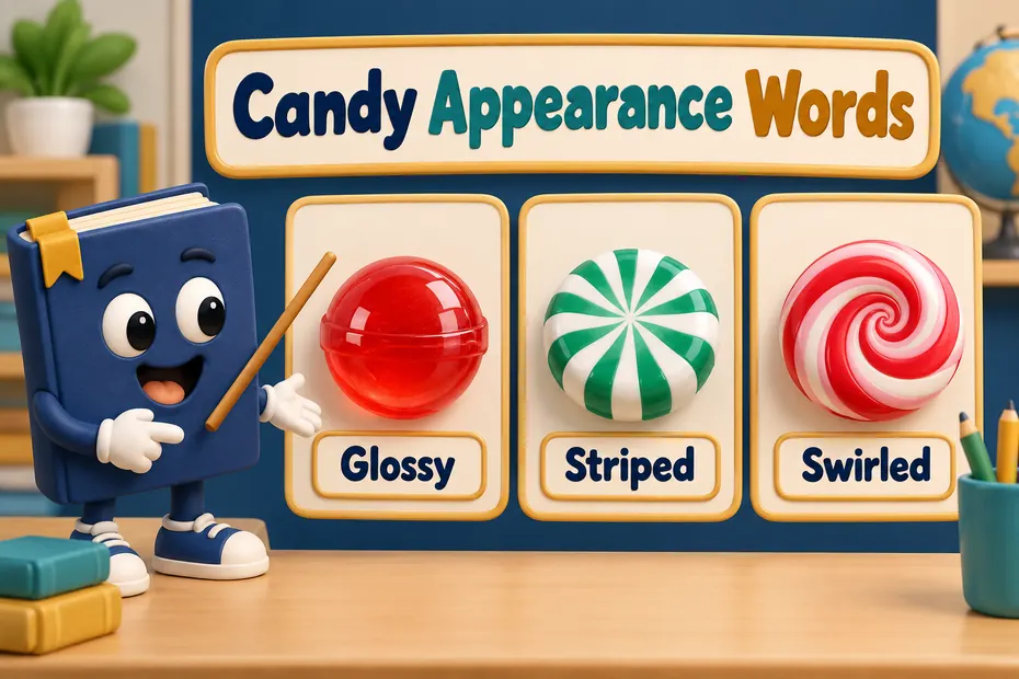 A book mascot compares glossy, striped, and swirled candies.