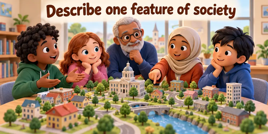A diverse community studies a town model; text says describe one feature of society.
