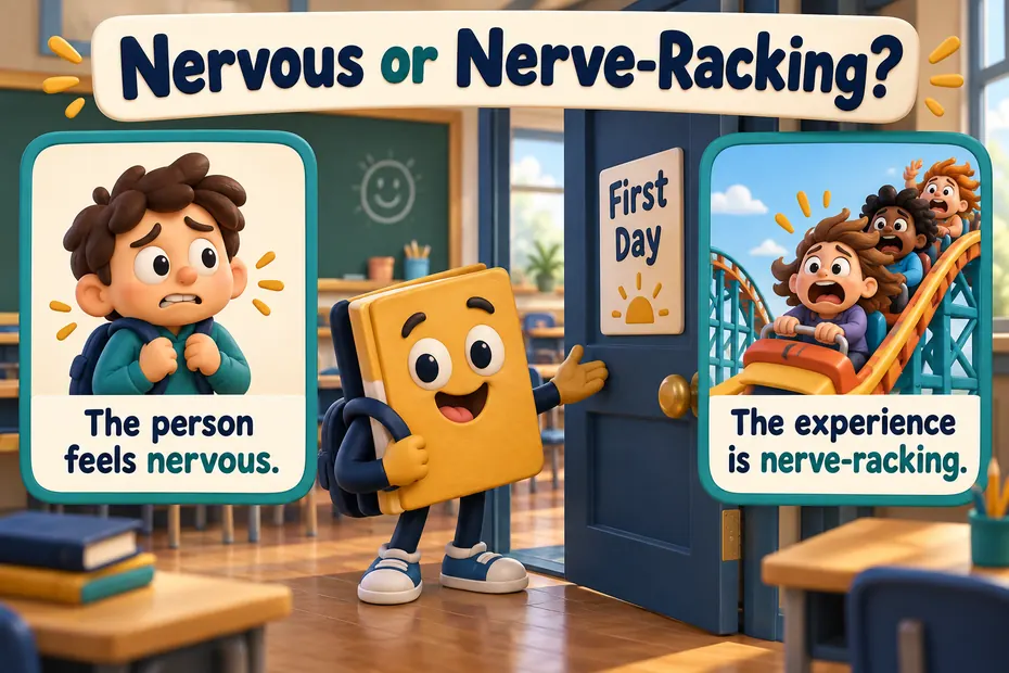A book mascot shows a nervous person and a nerve-racking experience.