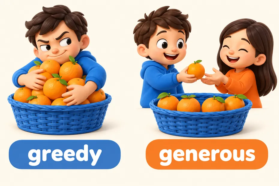 Greedy and generous contrast taking excessively with sharing freely.