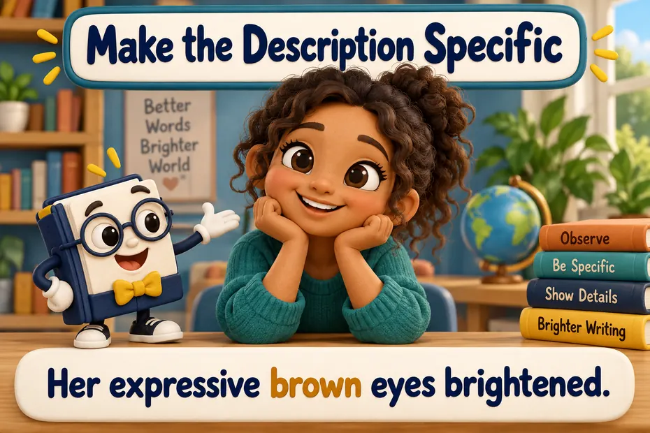 A brown-eyed character illustrates Her expressive brown eyes brightened.