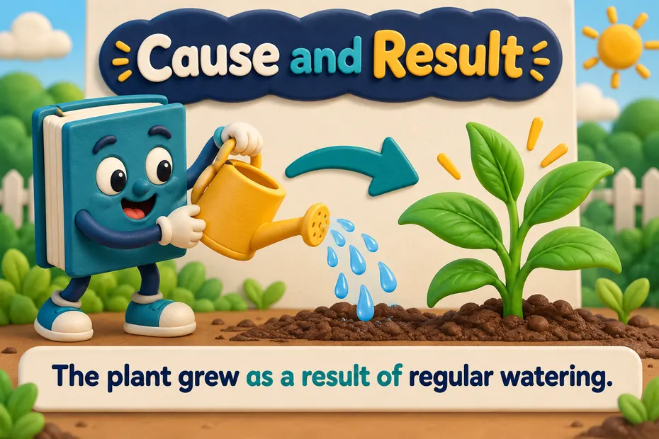 A book mascot waters a growing plant under The plant grew as a result of regular watering.