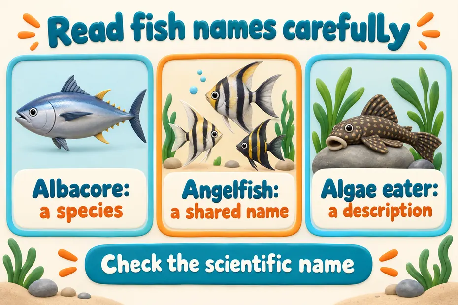 Albacore names a species, angelfish is a shared name, and algae eater is a description