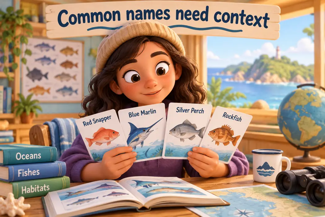 Common names need context illustrated with playful educational cartoon characters