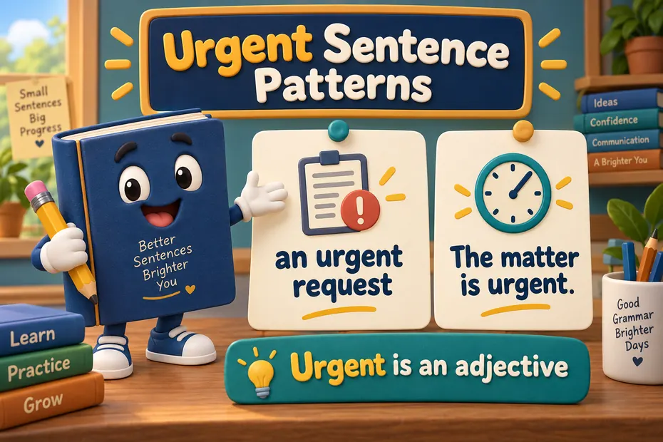 A book mascot shows an urgent request and The matter is urgent as adjective patterns.