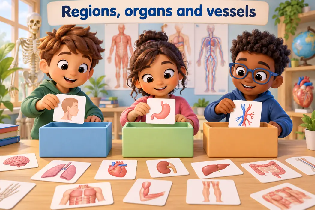 Regions, organs and vessels in a playful educational illustration