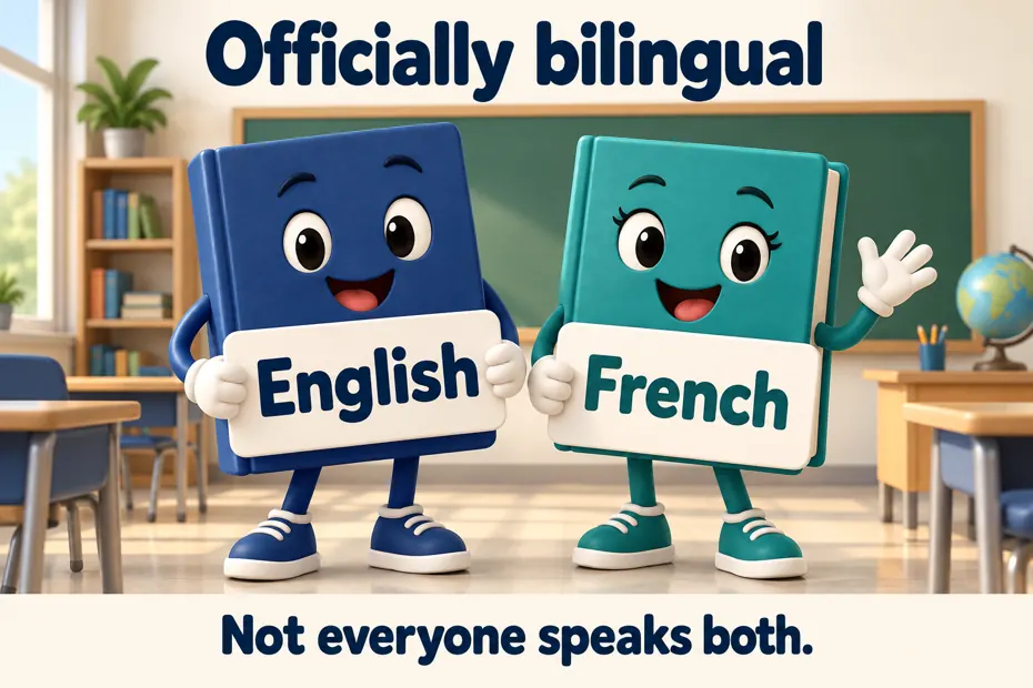 Book mascots display English and French speech cards.