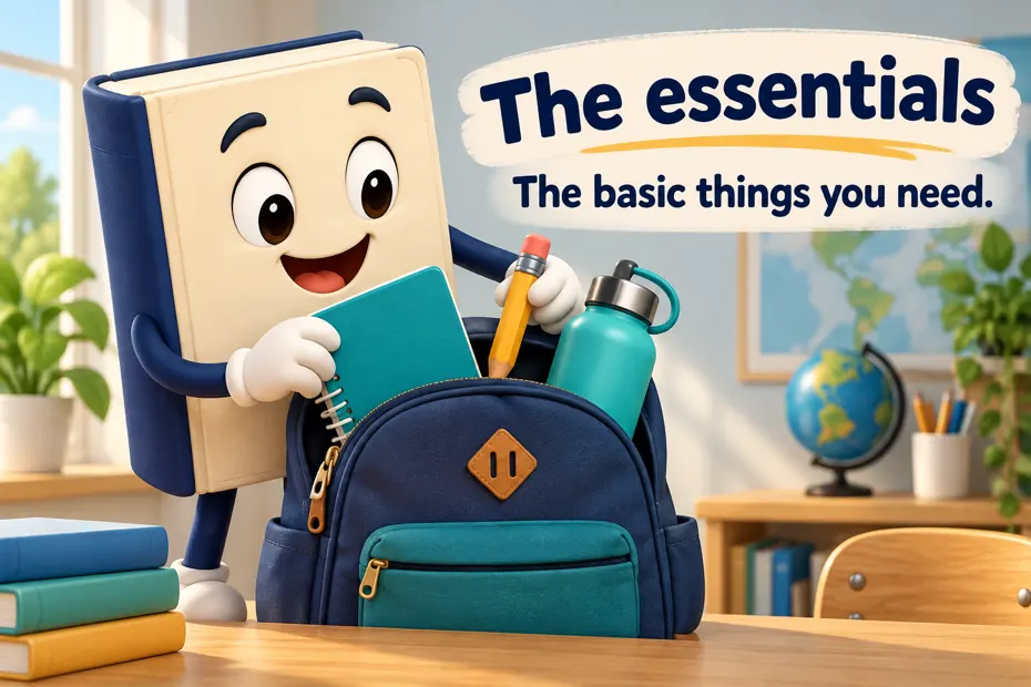 Book mascot packs basic school supplies into a bag.