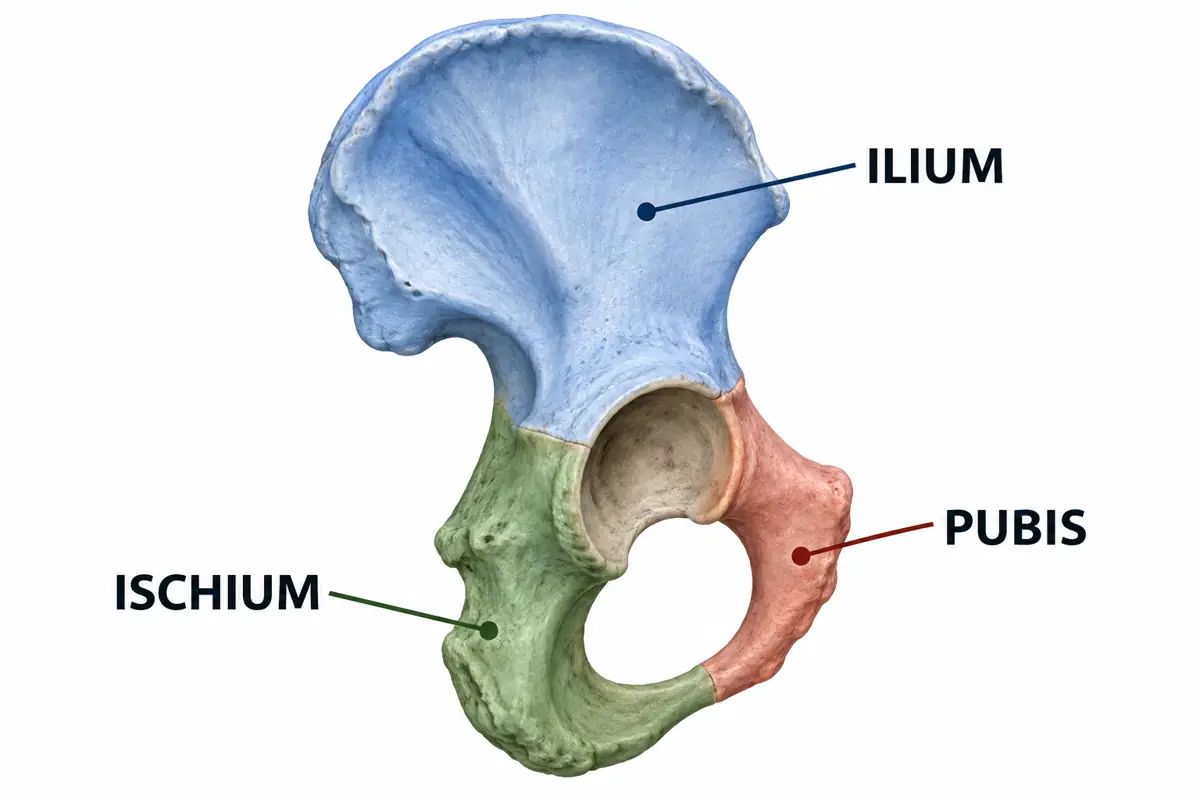 Side view of a hip bone with the ilium highlighted above the ischium and pubis, each region labeled.