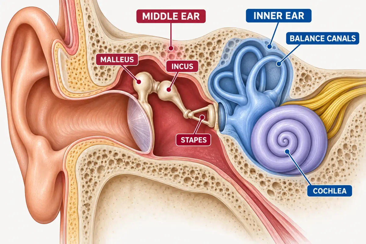Simplified ear diagram showing the middle-ear malleus, incus, and stapes leading to the inner-ear cochlea and balance canals.