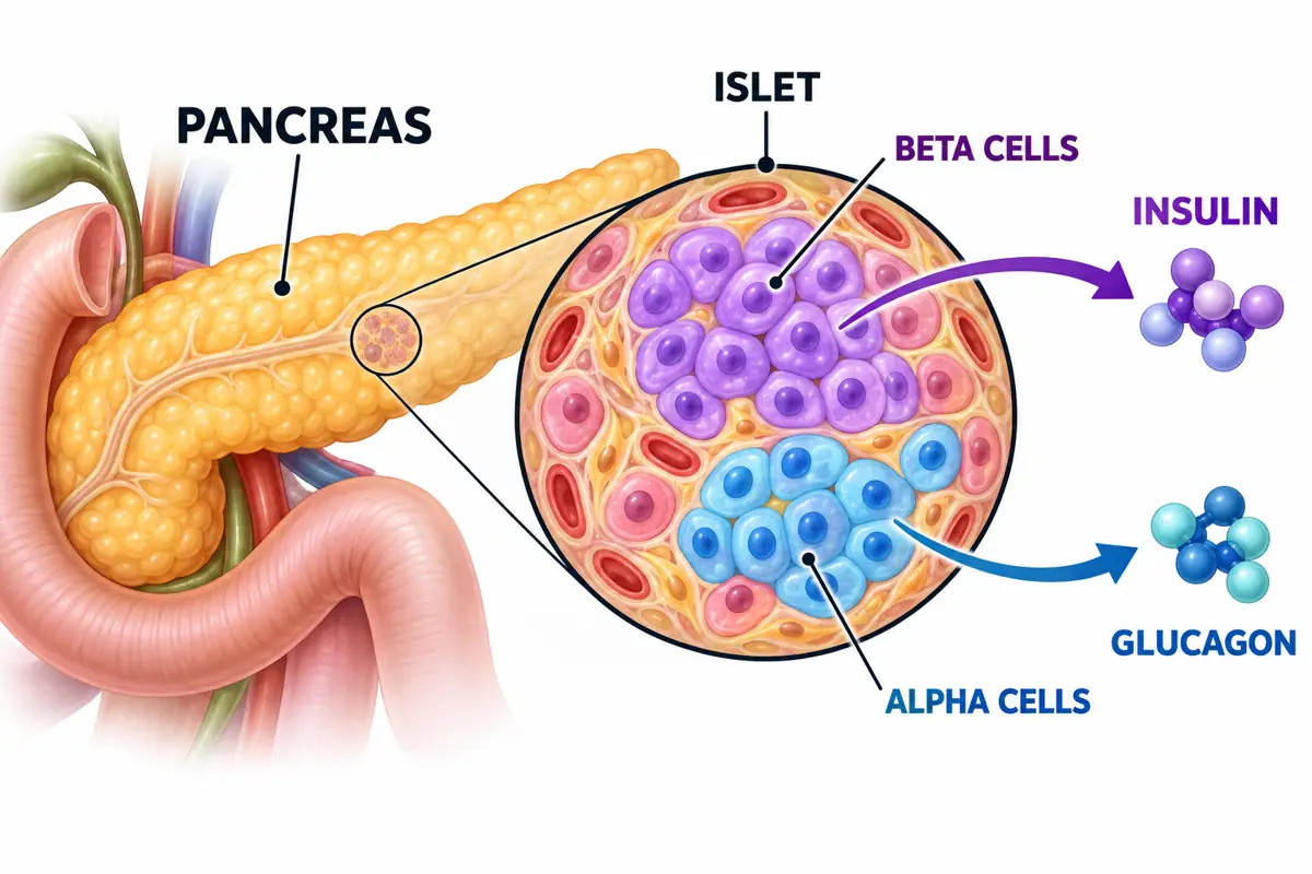 Educational pancreas illustration with an enlarged islet showing beta cells that release insulin and alpha cells that release glucagon.