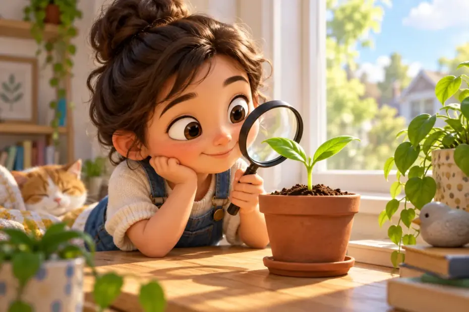 A curious child studies a small seedling with a magnifying glass.