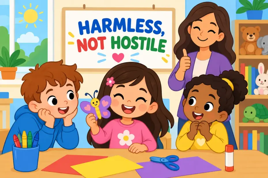 Cartoon pupils smile at a paper butterfly decoration, illustrating innocuous in a sentence as harmless and inoffensive.
