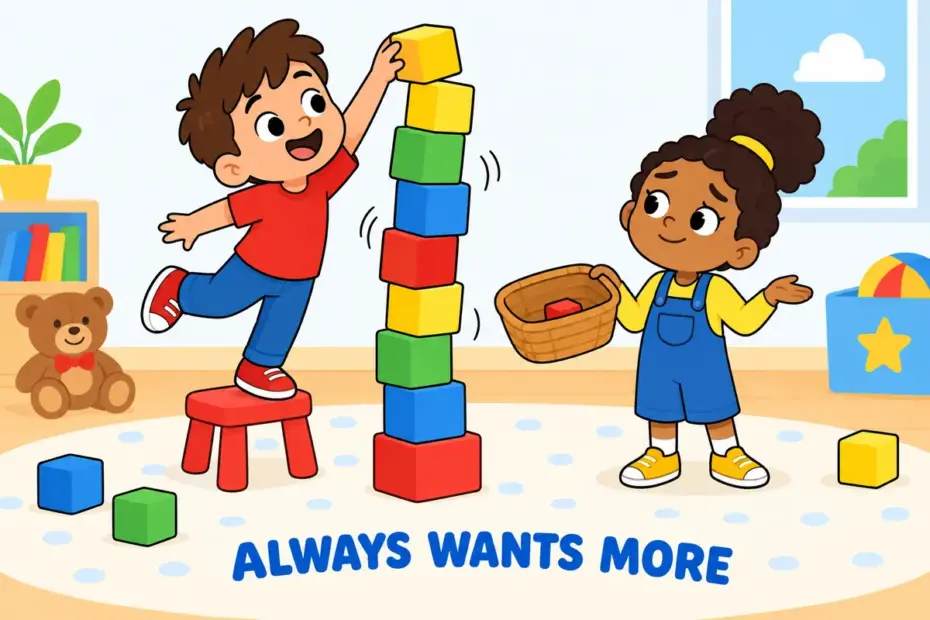 Cartoon child keeps adding blocks to a tower that never feels finished, showing insatiable in a sentence as wanting more.
