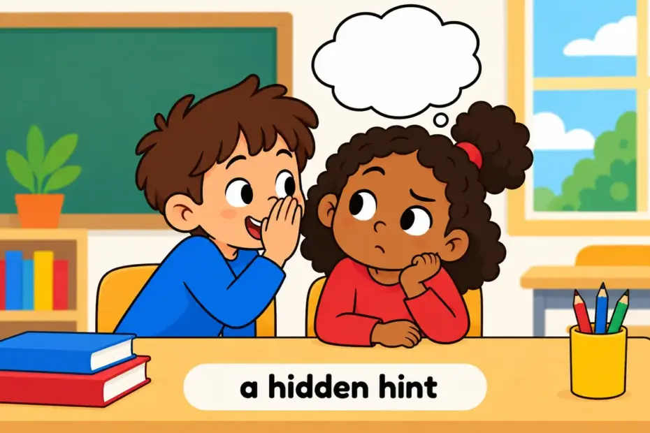 Cartoon pupils whisper behind a raised hand with a thought bubble, showing insinuate in a sentence as an indirect accusation.