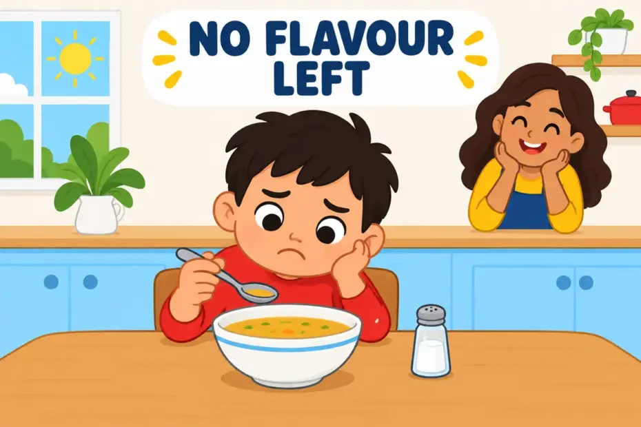 Cartoon child tastes a bowl of soup with a flat expression, showing insipid in a sentence as food with no flavour.